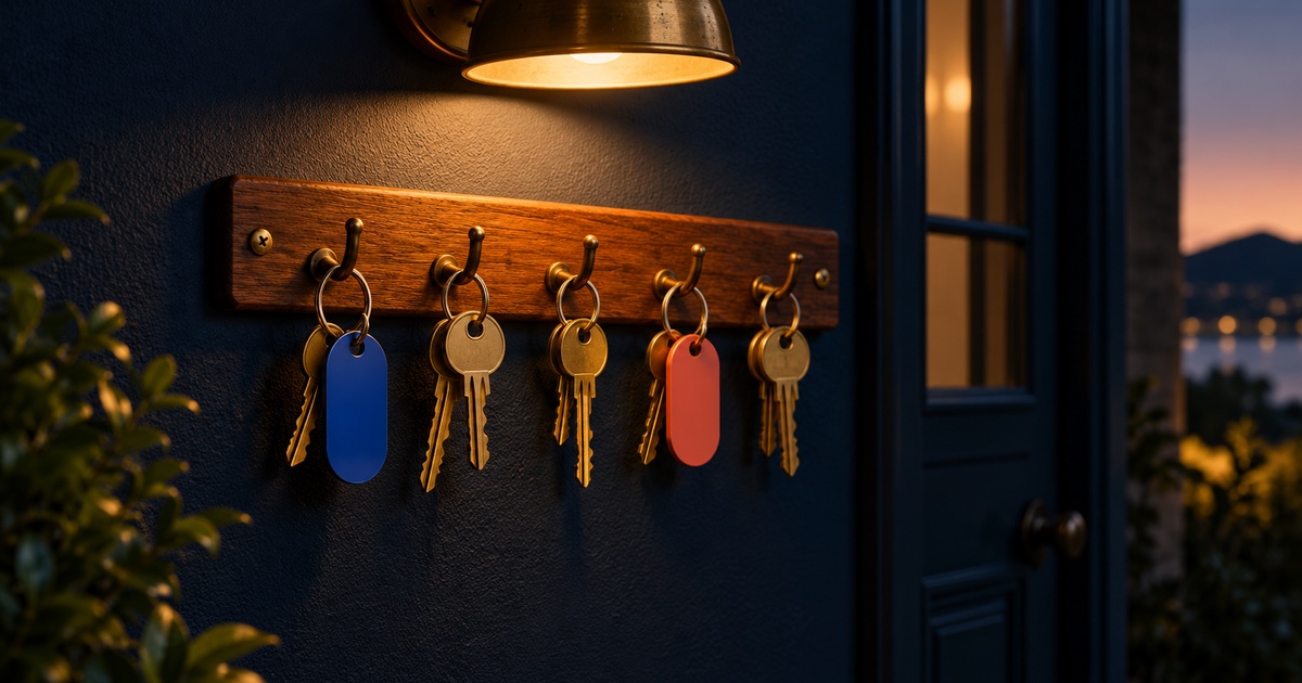 Keys hanging on a timber rack by a front door at dusk, one with a blue tag and one with a coral tag, under a warm brass lamp