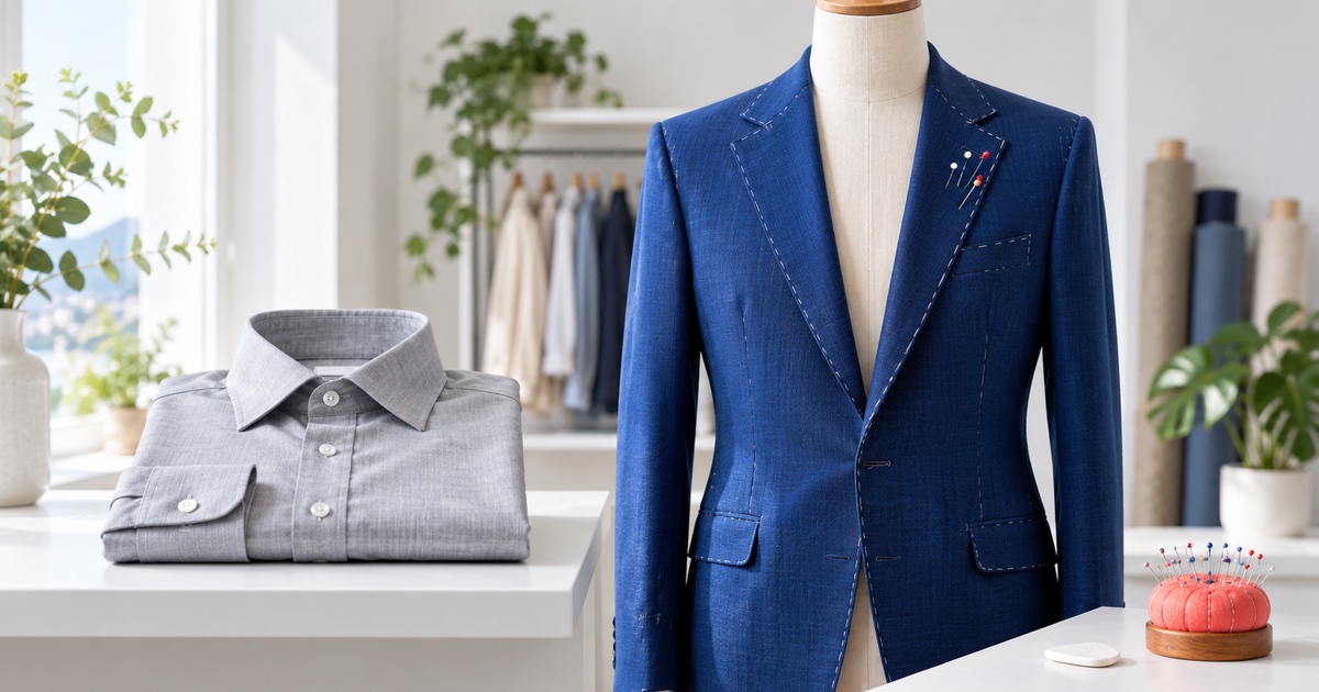 A folded grey ready-to-wear shirt beside a blue made-to-measure jacket on a dressmaker's form in a bright tailoring studio