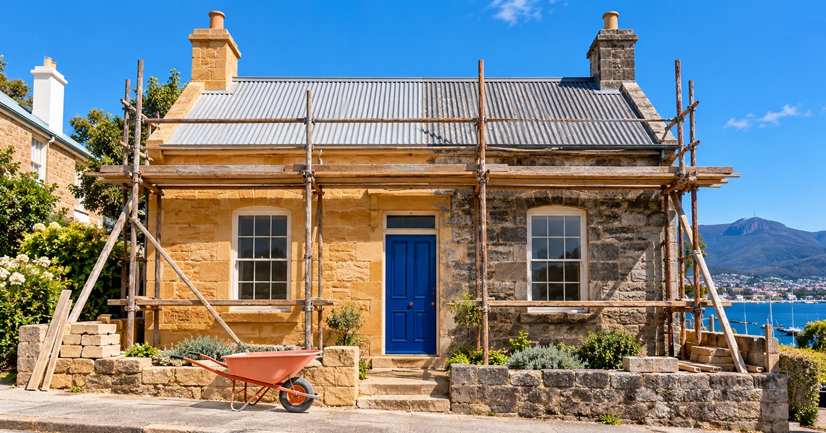 A sandstone cottage in Hobart under timber scaffolding, half the facade restored, with a new blue door and a coral wheelbarrow, the harbour and kunanyi behind