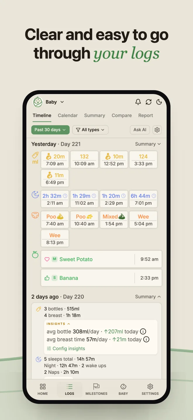 BabyLog logging screen — twelve activity types logged with a tap and a swipe