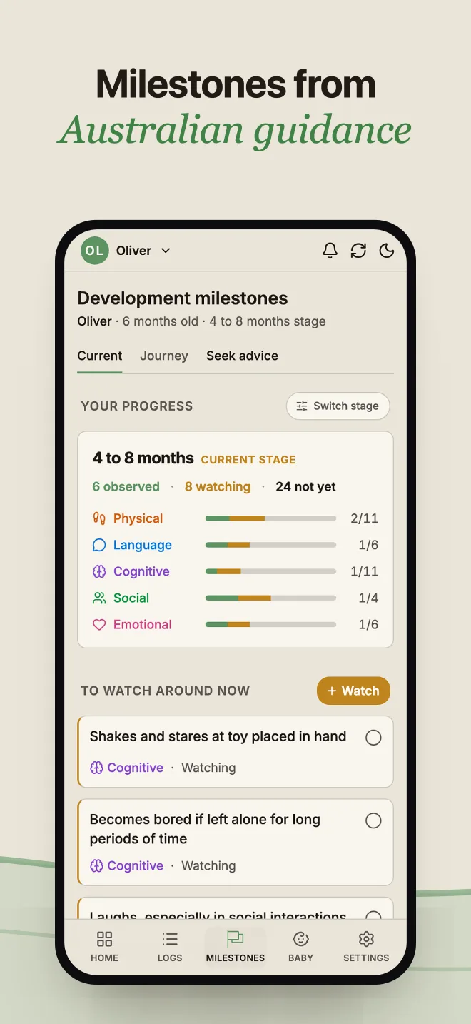 BabyLog developmental milestones, built on the Australian ACECQA framework