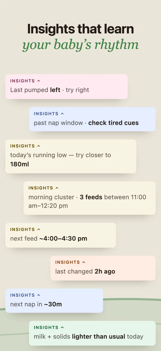 BabyLog insights — next feed projected from the baby's usual gaps
