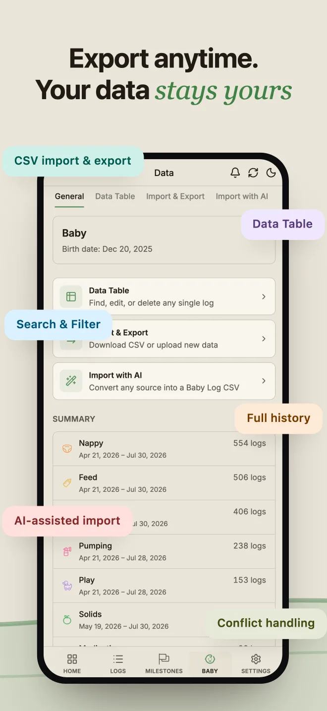 BabyLog data controls — export to CSV with no paywall