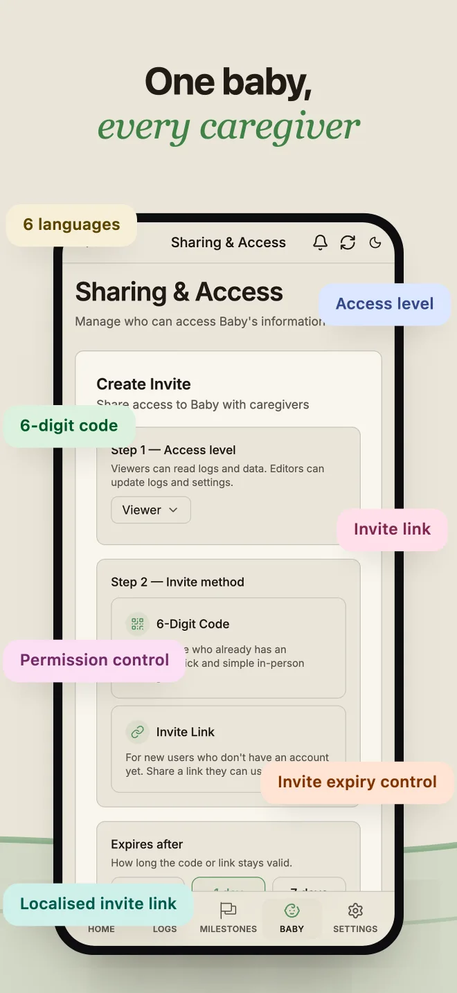 BabyLog caregiver sharing — a six-digit code invites the whole care team