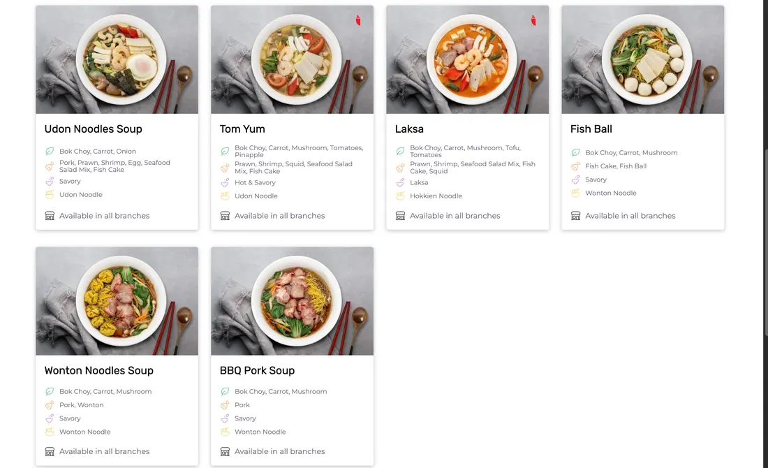 Menu cards showing the vegetables, proteins, flavour and noodle type in every dish