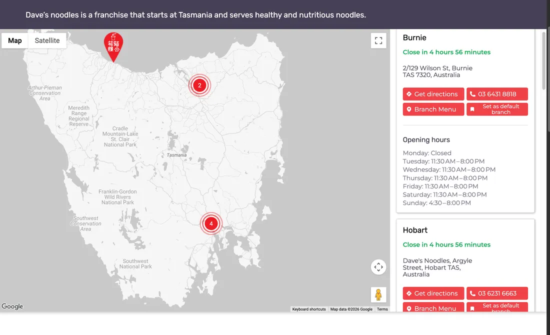 The locations map with a branch card showing live closing time and opening hours from Google